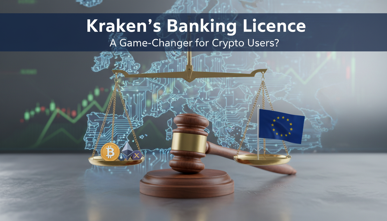 Illustration of crypto regulation in Europe with gavel and scales, EU flag, and crypto icons.