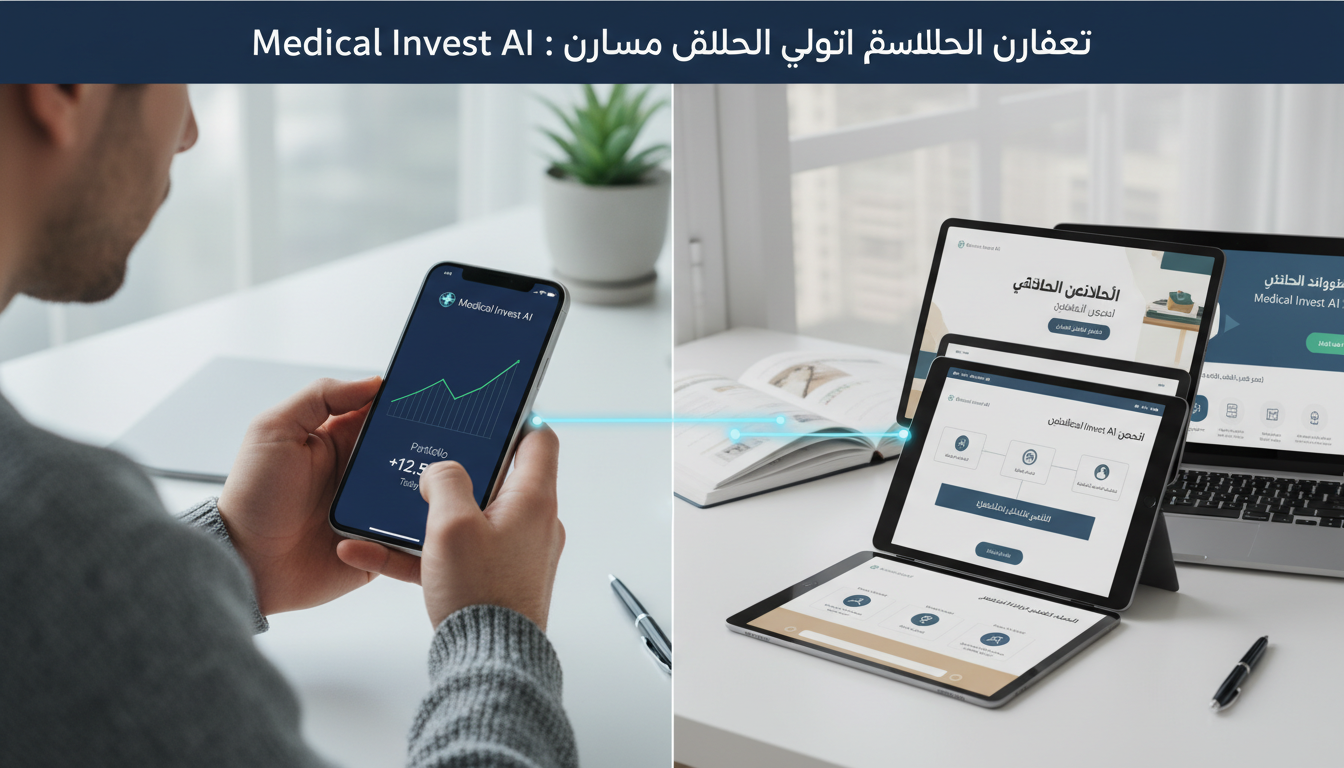 Image showing a user accessing Medical Invest AI on a smartphone alongside educational resources and tutorials provided by the platform.