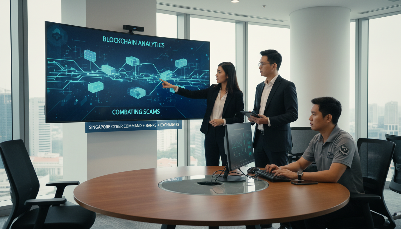 Bank professionals and cybersecurity analysts collaborating on blockchain analytics and anti-scam operations.