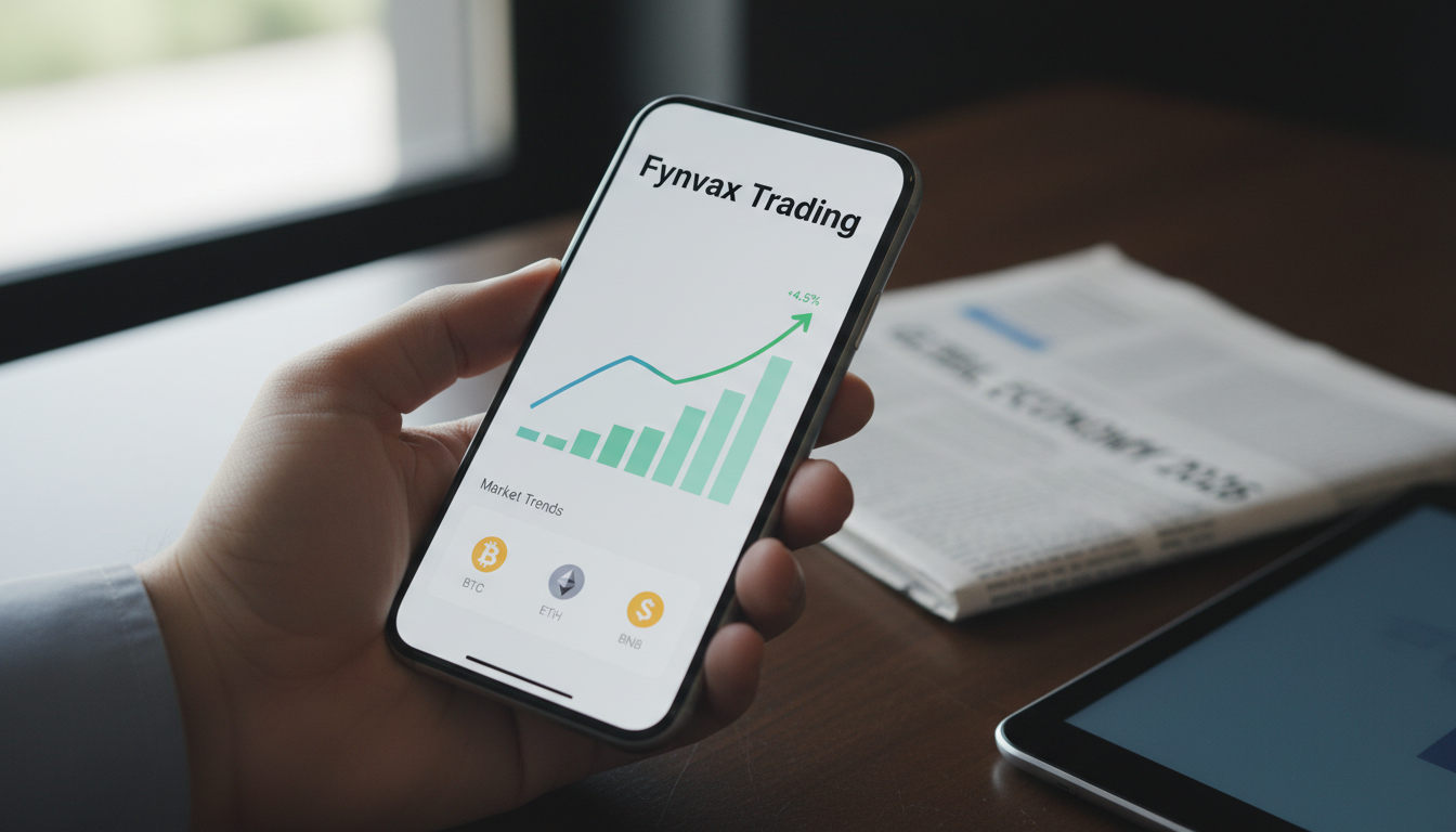 Hand holding a smartphone displaying a trading app with market trends and graphs.