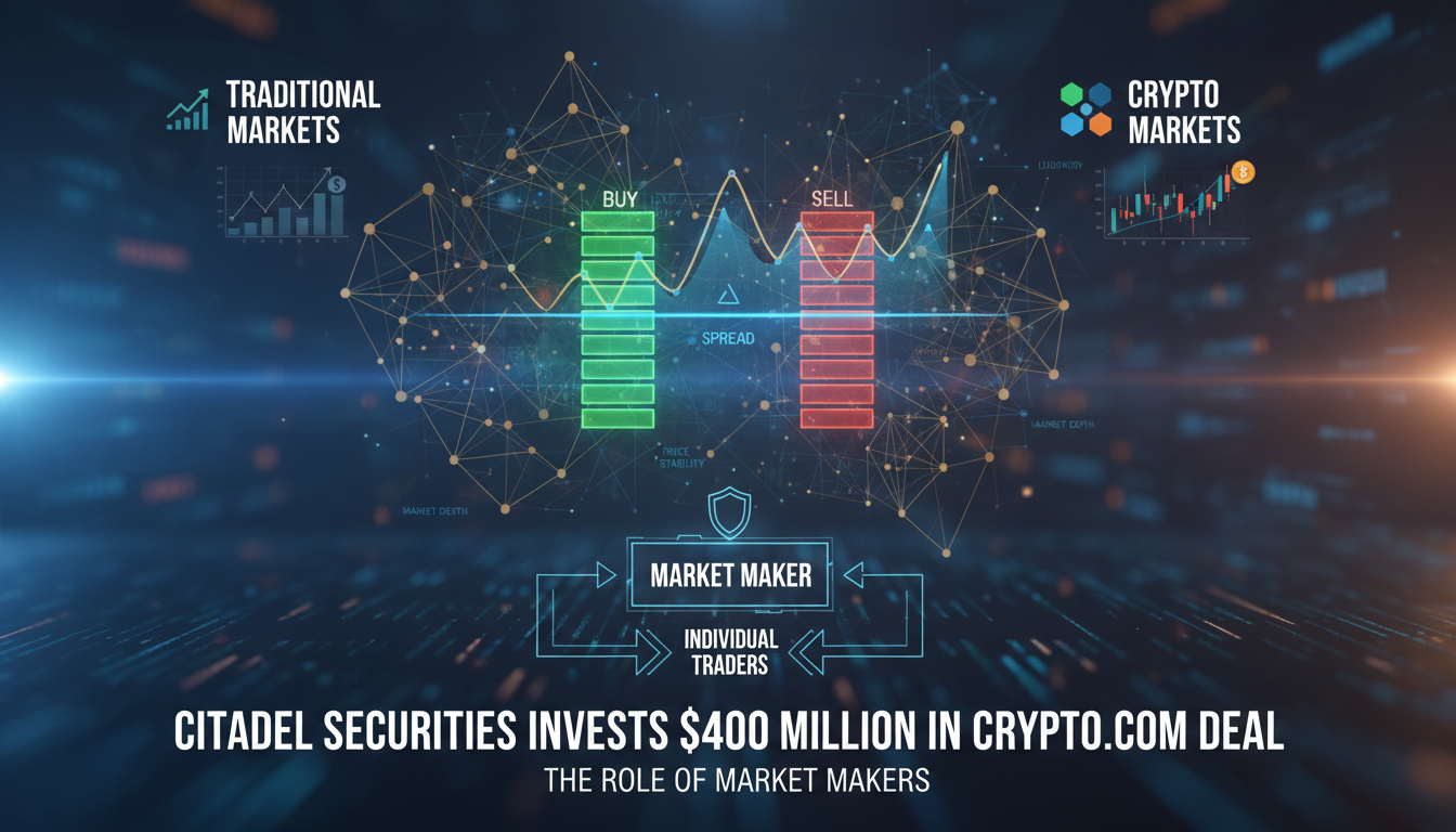 Explainer image of market maker role with financial charts, order book graphics, and liquidity indicators symbolizing market stability and depth.