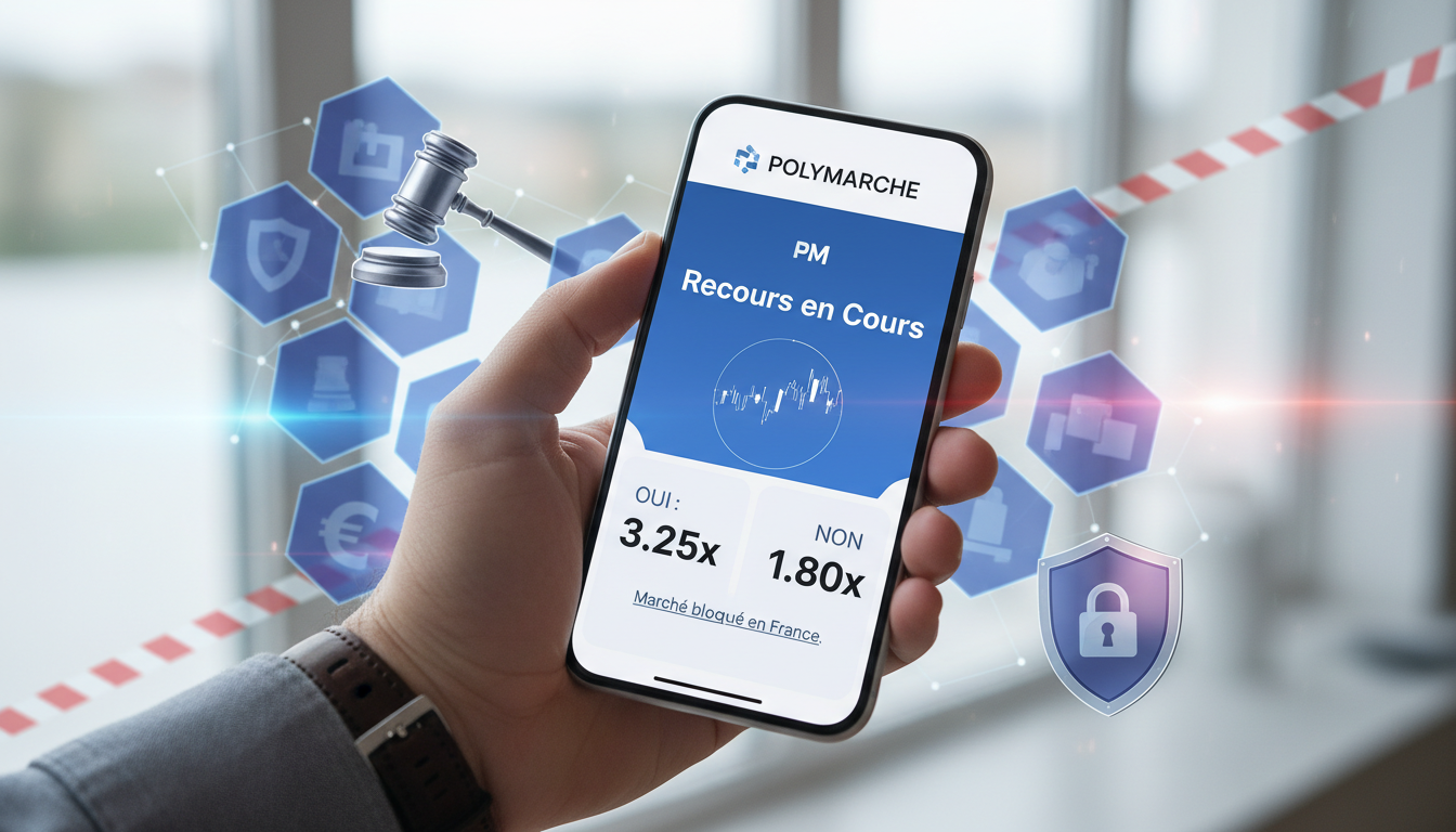 Conceptual image showing a hand holding a smartphone with a prediction market interface and blockchain symbols in the background.