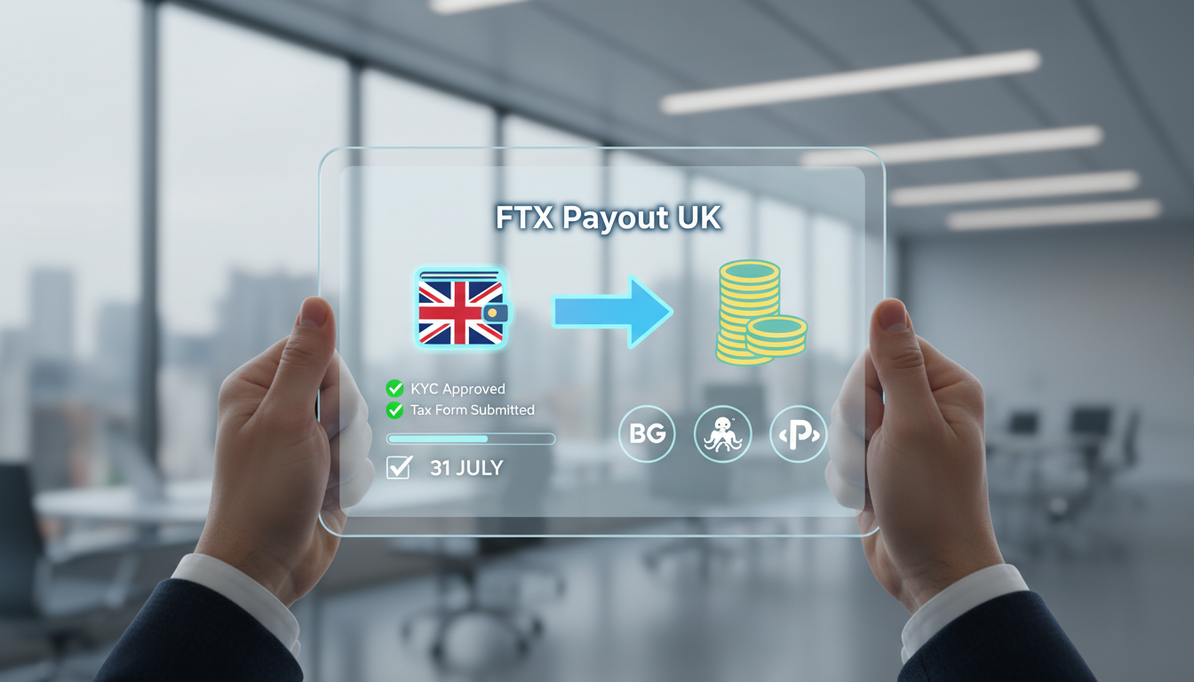 Editorial image symbolizing FTX repayment process with BitGo, Kraken, and Payoneer icons.