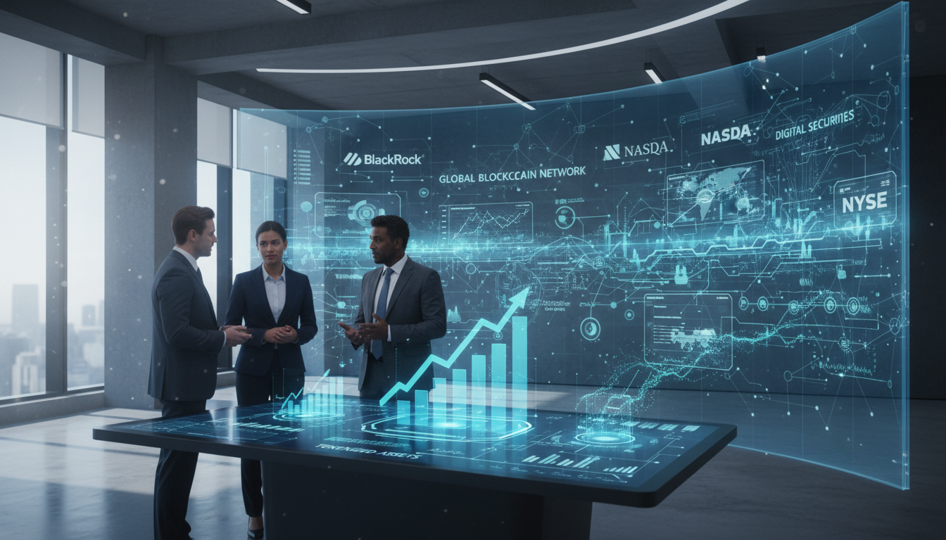 Financial professionals analyzing tokenized assets and blockchain data at major institutions like BlackRock, Nasdaq, NYSE, and JPMorgan.
