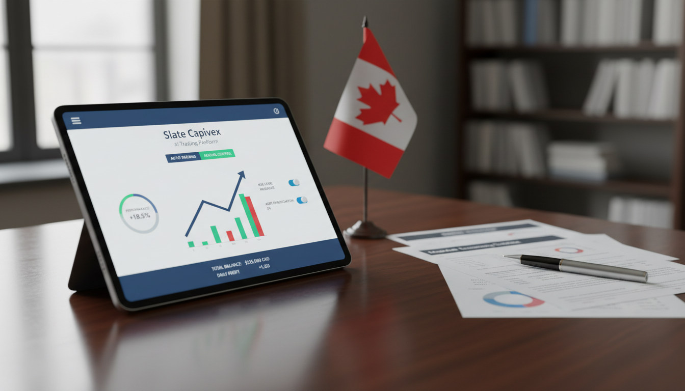 Simplified user interface on a tablet with financial documents and a small Canadian flag, highlighting trading information.