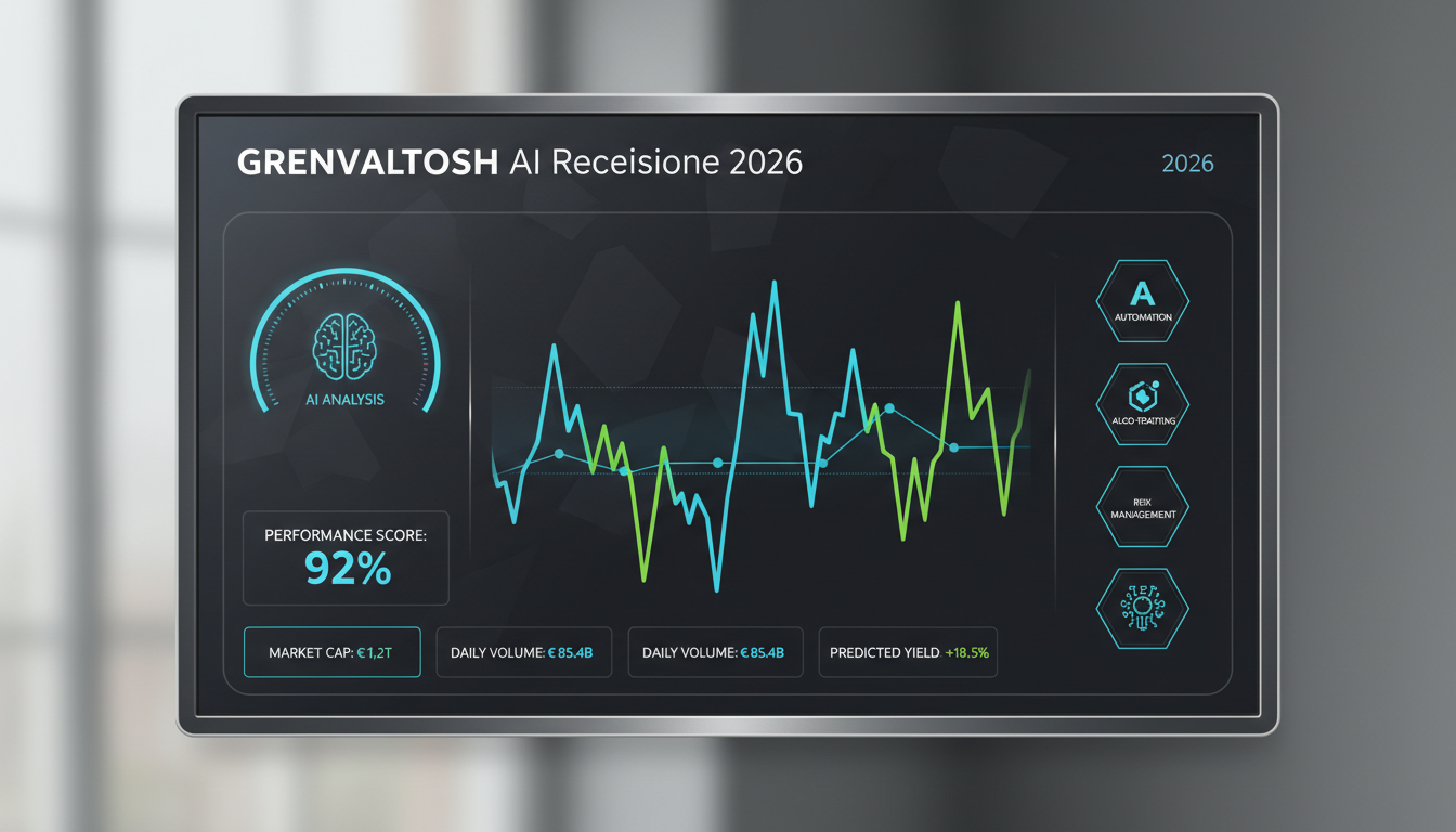 Illustration depicting a digital trading platform with market data charts and AI-driven analysis tools visible on a sleek dashboard.