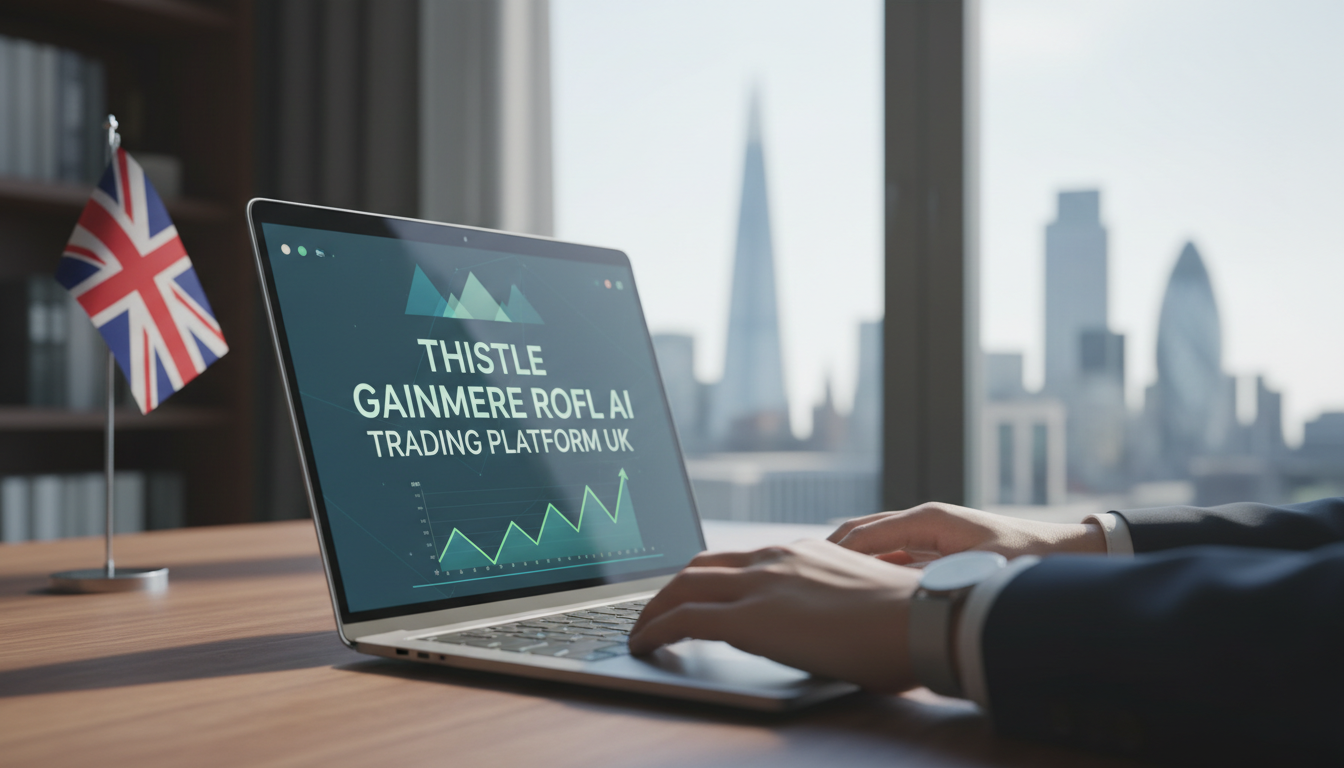User reviewing Thistle Gainmere trading platform on a laptop with UK elements in the background.