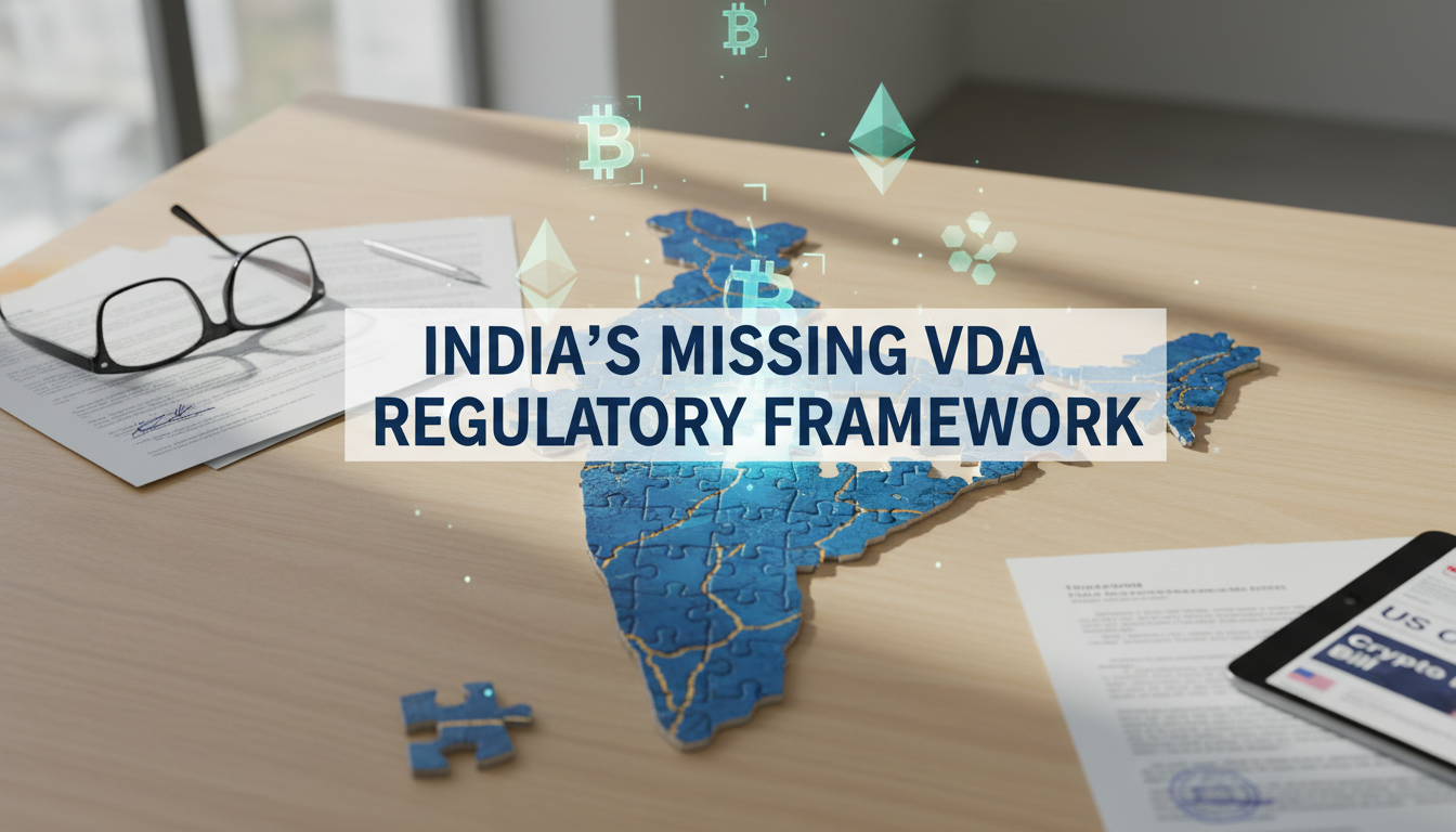 Illustration of gaps in India's crypto regulatory framework with India's map and digital currency icons, and an overlay text 'India's Missing VDA Regulatory Framework'.