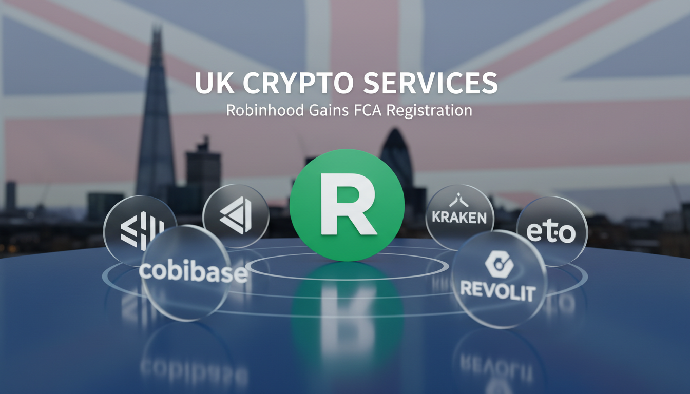 Logos of crypto platforms like Coinbase, Kraken, eToro, Revolut, and Robinhood with UK elements in the background.