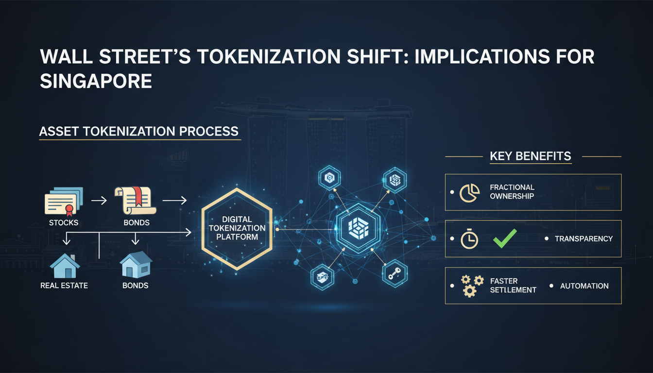 Infographic showing the process and benefits of asset tokenization, including fractional ownership, faster settlement, transparency, and automation.
