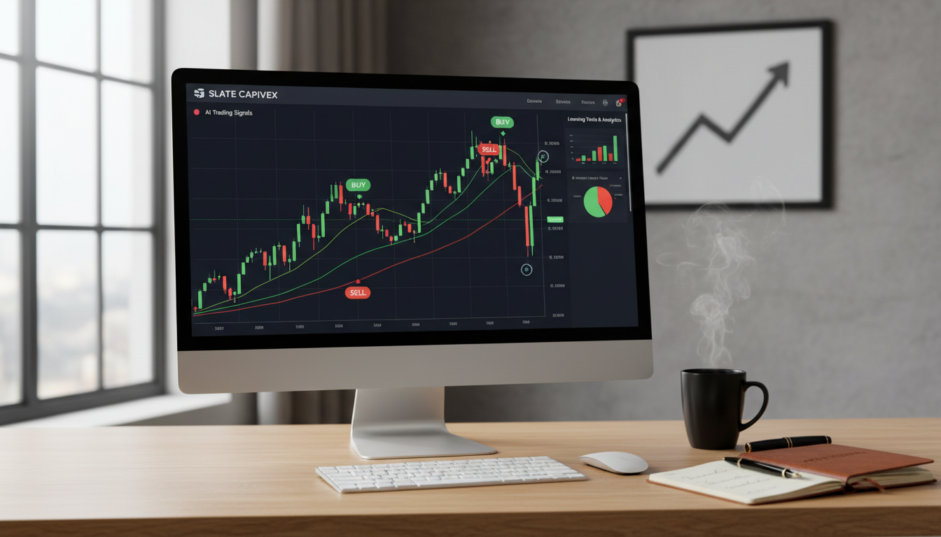Demo trading environment on a computer screen with charts and trading signals, accompanied by a coffee cup and notebook on the desk.