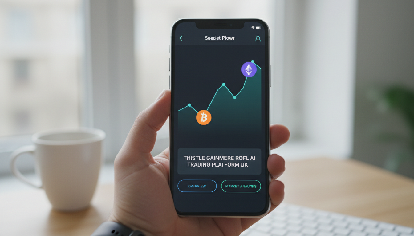 Mobile device displaying the Thistle Gainmere trading dashboard with cryptocurrency icons.