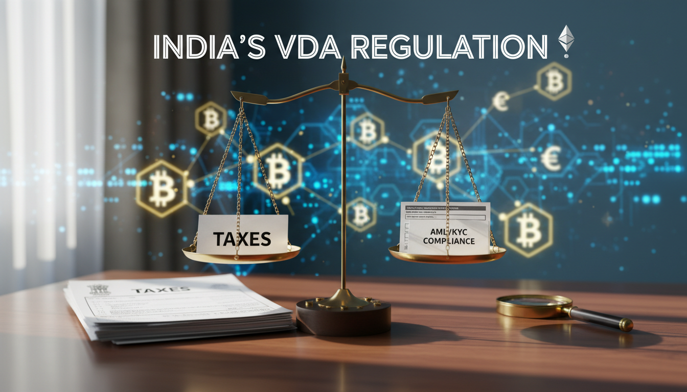 Image of a balanced scale with tax documents and compliance checks representing India's current crypto regulation, against digital currency icons like Bitcoin and Ethereum.