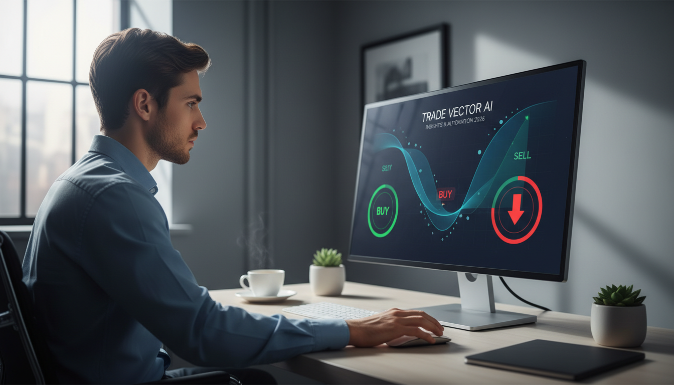 Beginner trader using AI tools on a computer with financial graphs and AI signals.