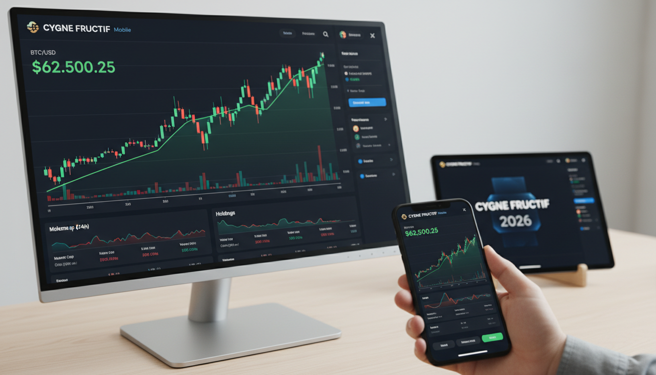 Smartphone and desktop computer displaying the Cygne Fructif trading dashboard with real-time market data.
