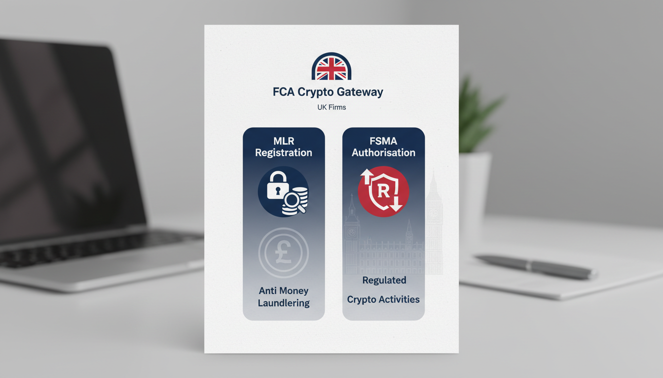 Infographic showing the difference between MLR registration and FSMA authorisation for the FCA crypto authorisation gateway.