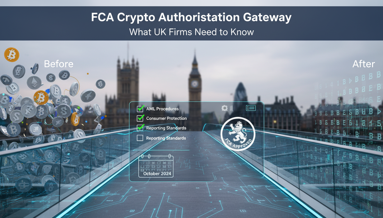 Image depicting the impact of the FCA crypto authorisation gateway on UK crypto firms and users with a bridge metaphor and compliance elements.