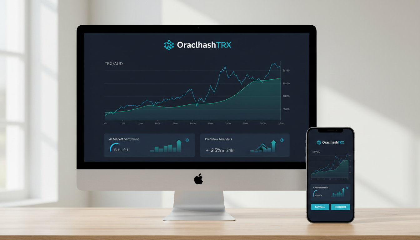 User interface of OraclhashTRX showing AI-driven market analysis tools on desktop and mobile devices