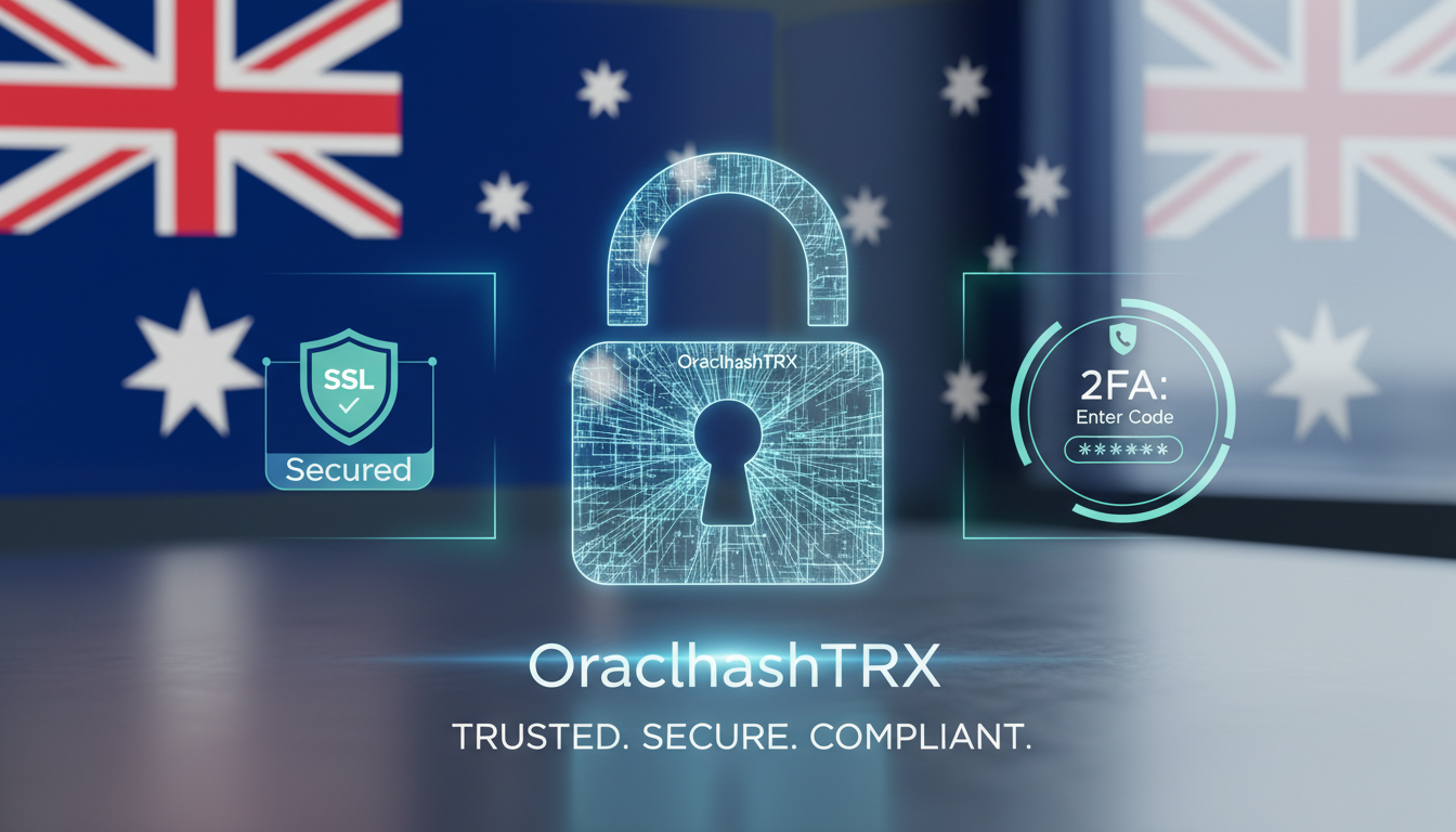 Cyber security measures for OraclhashTRX, including SSL encryption and two-factor authentication, with Australian compliance hints