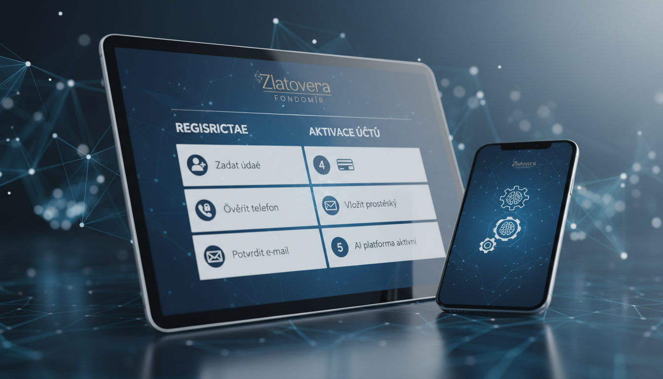 Visual guide showing the registration and account activation process on the Zlatovera Fondomír AI trading platform.